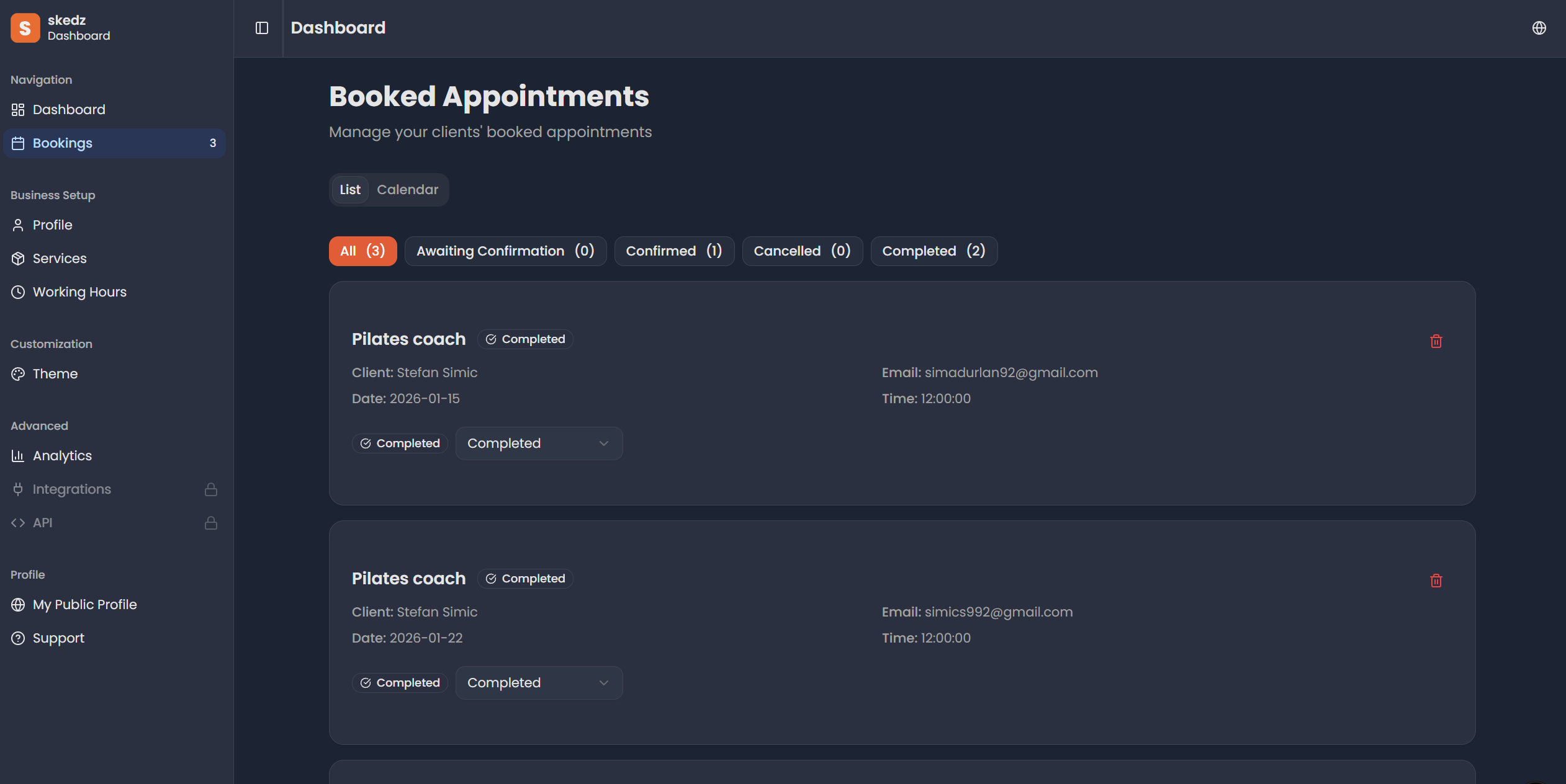 skedz dashboard - manage your bookings